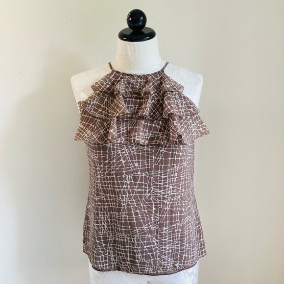 Ann Taylor Brown & White Silk Ruffled Sleeveless Blouse Size S - Picture 1 of 10